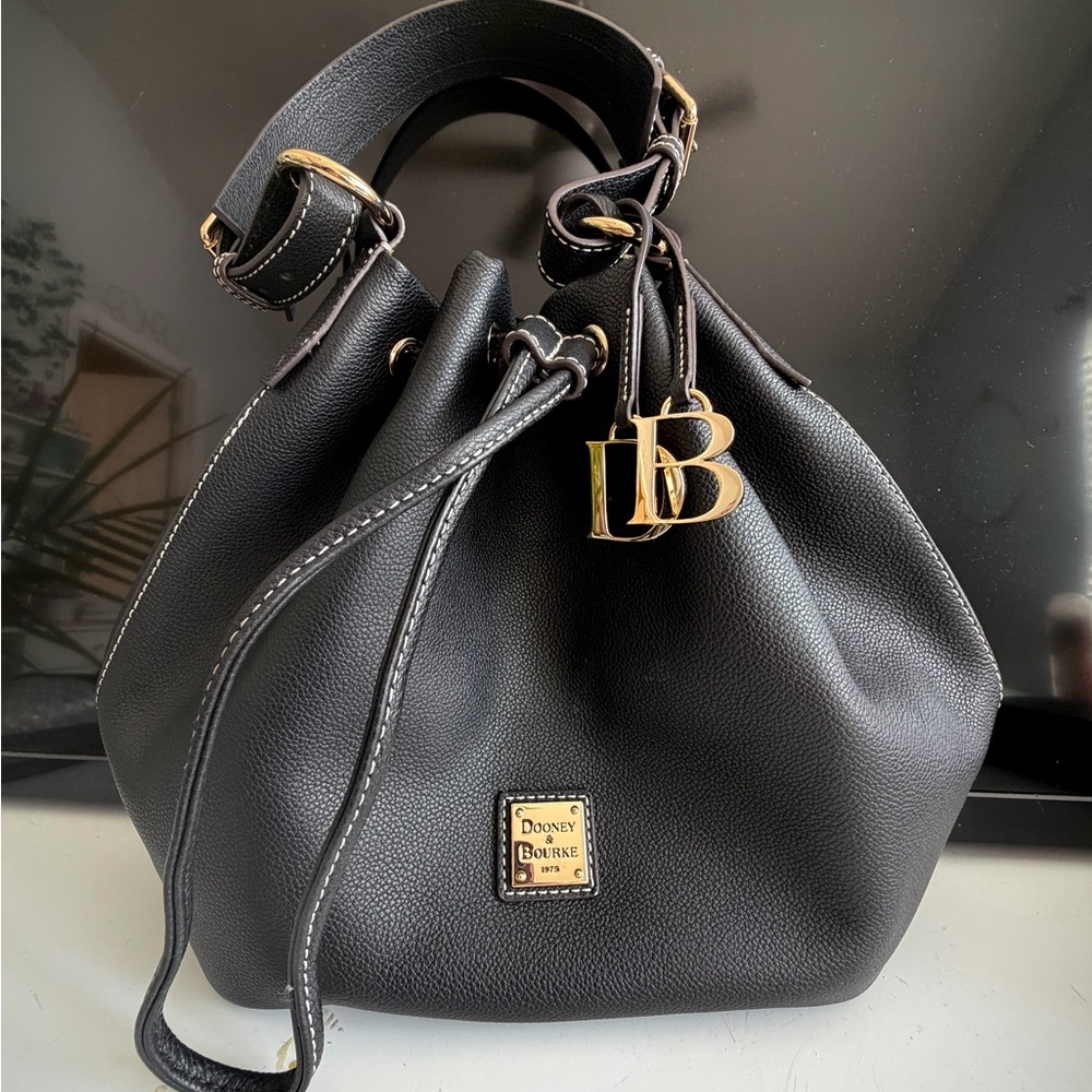 Dooney & Bourke Pebble Grain Leather Drawstring Bucket Bag – Black